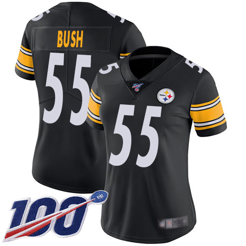 Women Pittsburgh Steelers Football #55 Limited Black Devin Bush Home 100th Season Vapor Untouchable Nike NFL Jersey->women nfl jersey->Women Jersey